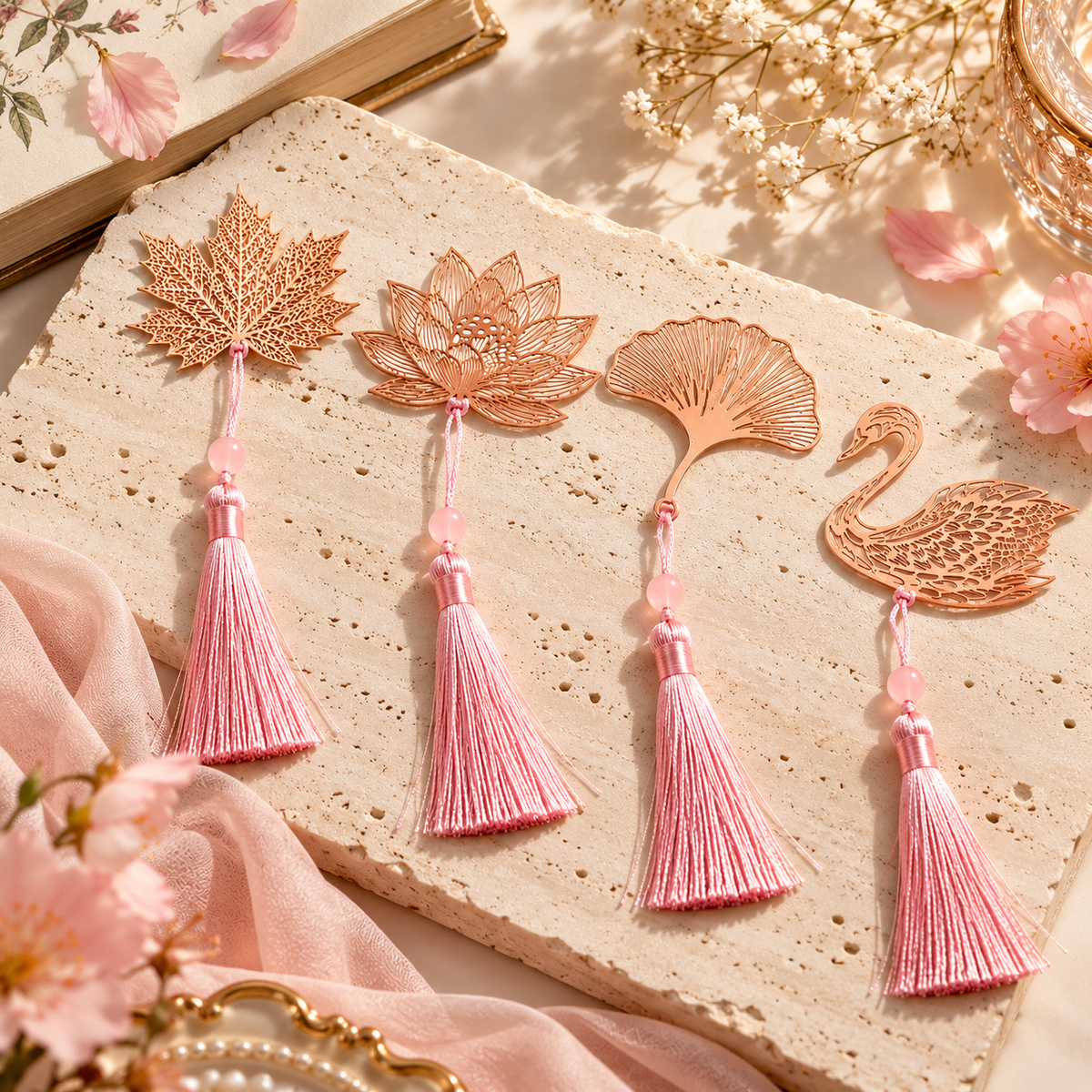 Pink Flower Metal Pendant Bookmarks