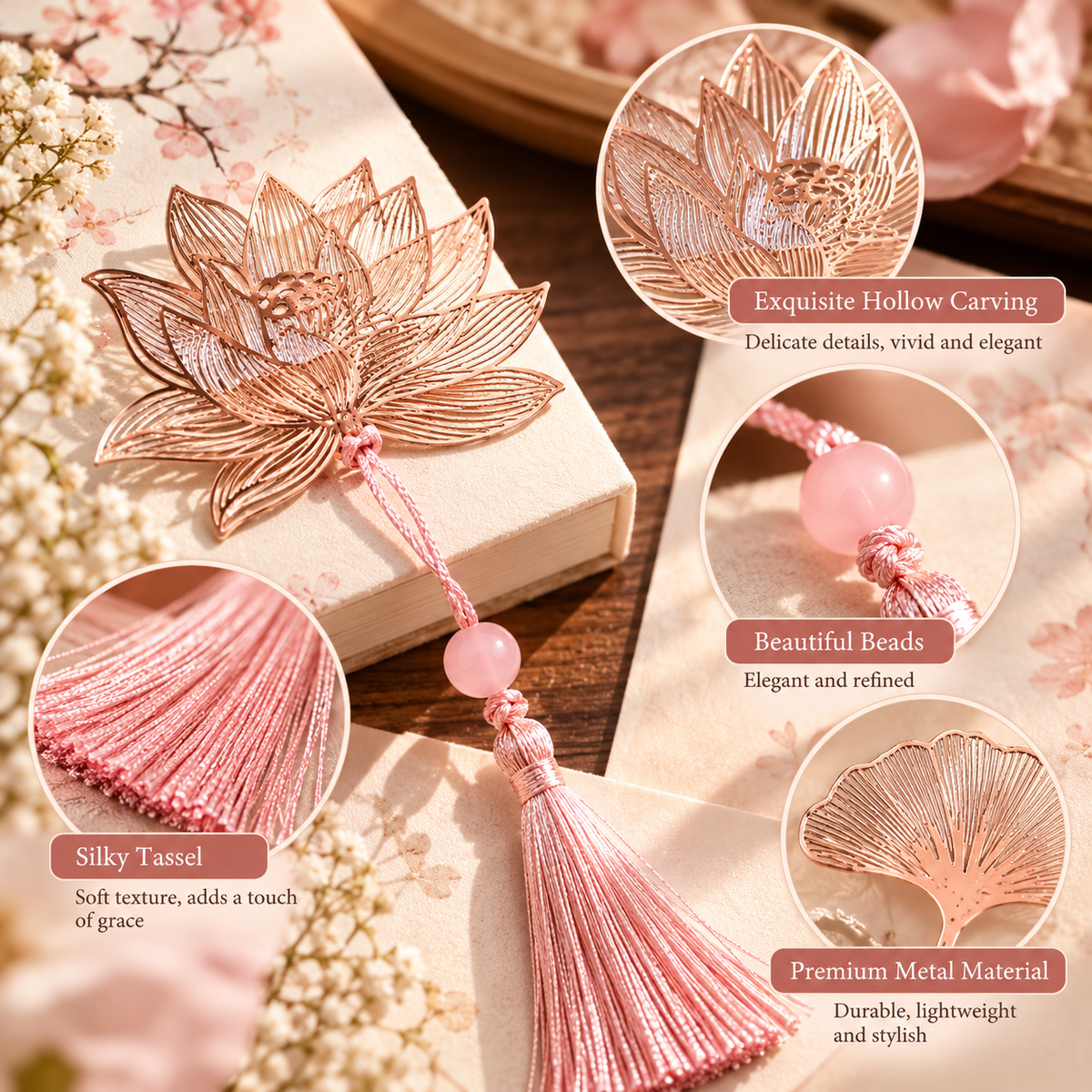 Pink Flower Metal Pendant Bookmarks