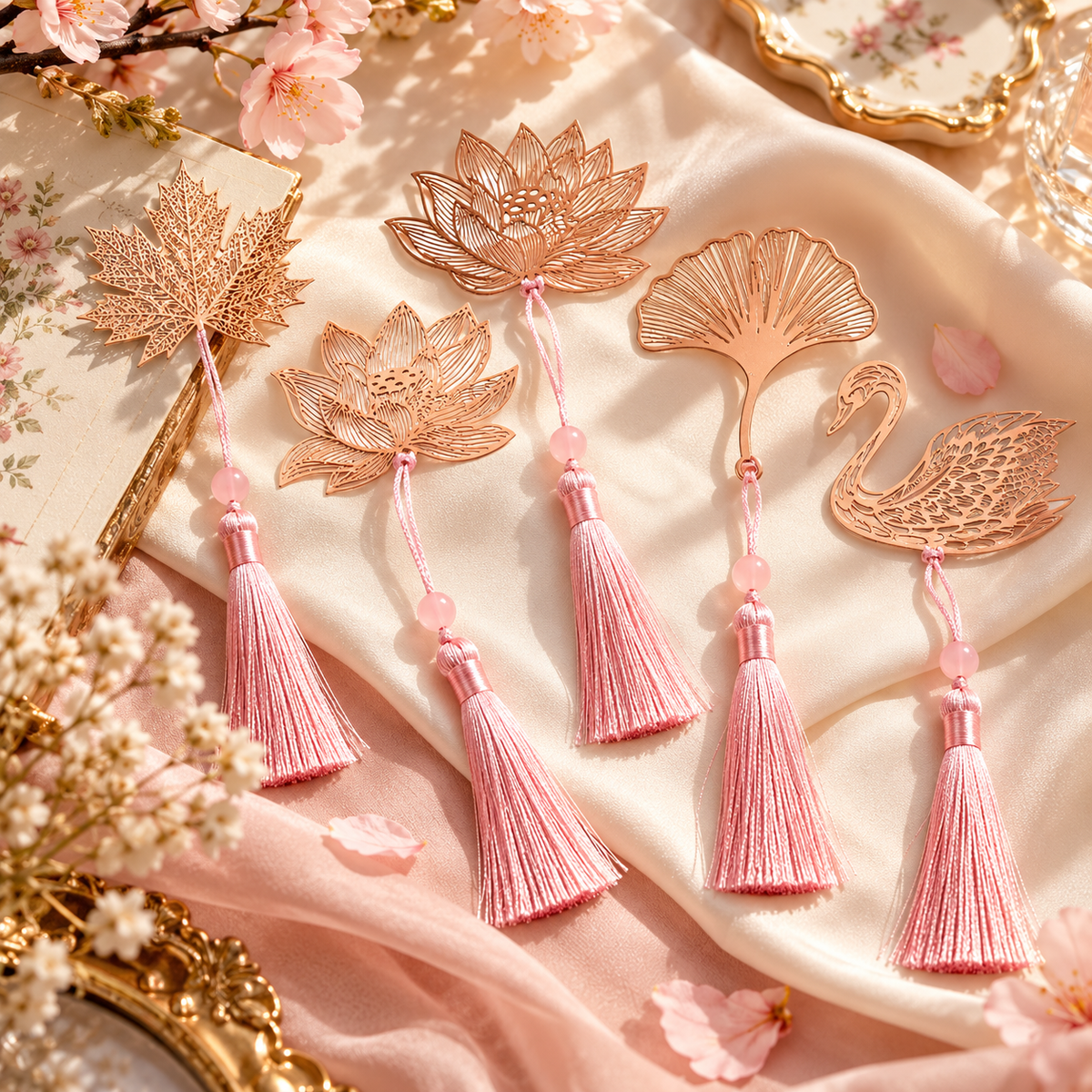 Pink Flower Metal Pendant Bookmarks